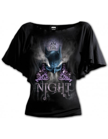 Spiral: Batman - I Am The Night - Boat Neck Bat Sleeve Top Black (Plain) Donna S